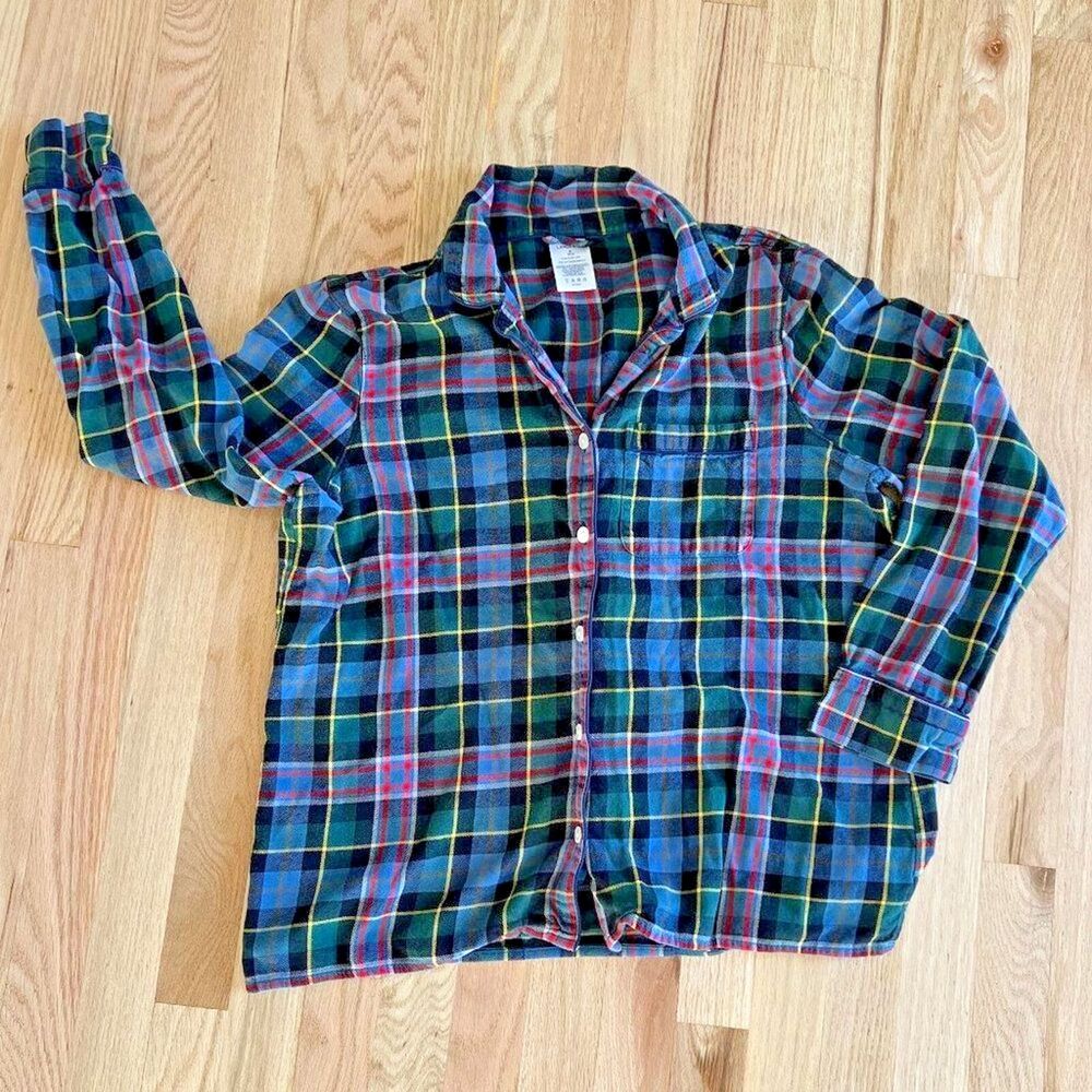 Lands’ End Boys’ Red Plaid Flannel Pajama Long Sleeve Button Front 10 -12 cotton